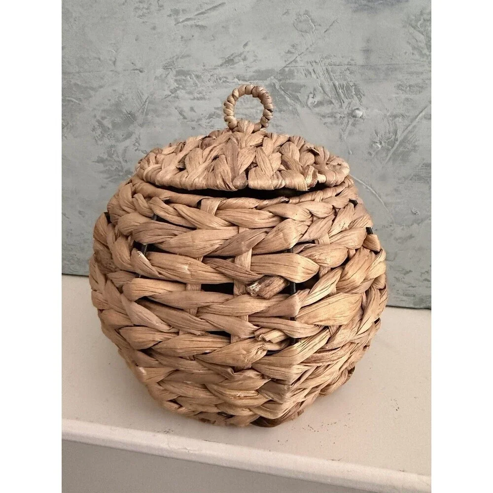 Woven Bee Hive Wicker Basket w/Lid Inner Container Rustic Boho Storage Decor